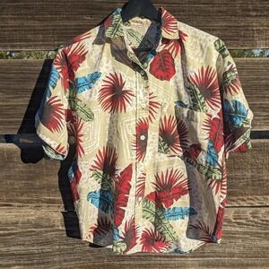 Vintage 80s Tropical Safari Shirt Women's Medium Hawaiian Animal Print Vacation